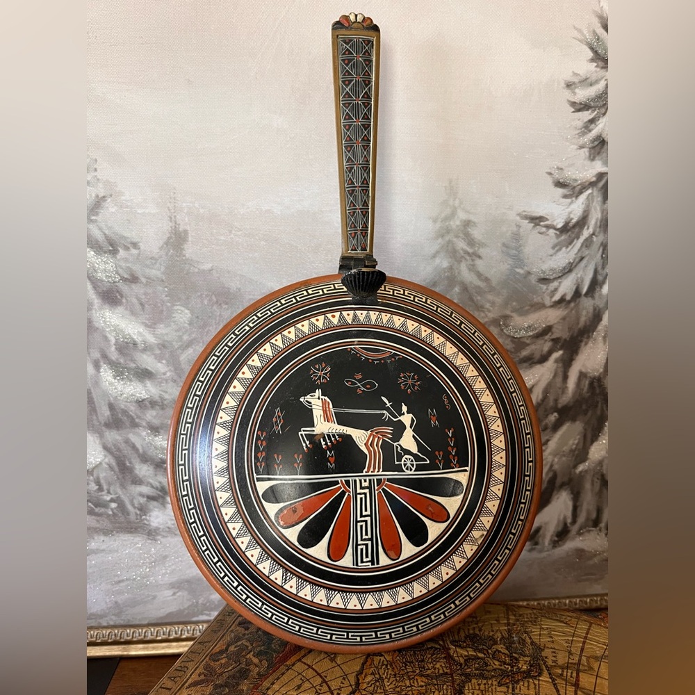 Greek Ceramic Pan Wall Art Athens Signed Ancient Chariot Motif Vintage Decor